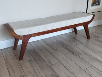 Mid Century 2 Toned Walnut Solid Wood Bench With Off White Geometric Pattern Upholstery