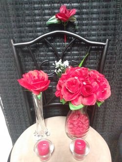 $45 Set PRICE very beautiful Mother's Day red roses in glass vase, boutonniere, Tall flower vase (2) candles, (2) clear candle holders.