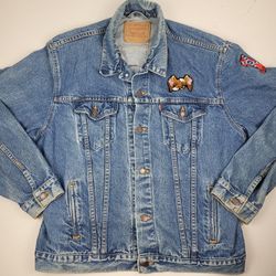 VTG 90s Levi's 527 Denim Trucker Jacket Blue Rebel Eagle Patches Men's 50L USA