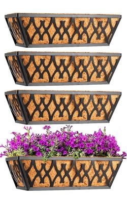 4 Pack 14 Inch Window Boxes Planters Railing Planter Box with Coco Liners Deck Railing Planter Boxes Balcony Hanging Flower Box for Outdoor Plants Gar