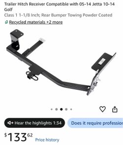 Trailer Hitch Receiver Compatible with 05-14 Jetta 10-14 Golf Class 1 1-1/8 Inch; Rear Bumper Towing