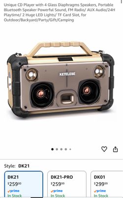 Unique CD Player with 4 Glass Diaphragms Speakers, Portable Bluetooth Speaker Powerful Sound, FM Radio/ AUX Audio/24H Playtime/ 2 Huge LED Lights/ TF 