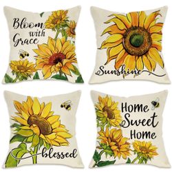 Fahrendom Sunflower Sunshine Decorative Throw Pillow Cover 18 X 18 Set Of 4, Spring Summer Home Sweet Home Blessed Porch Patio Outdoor Pillowcase, Fal