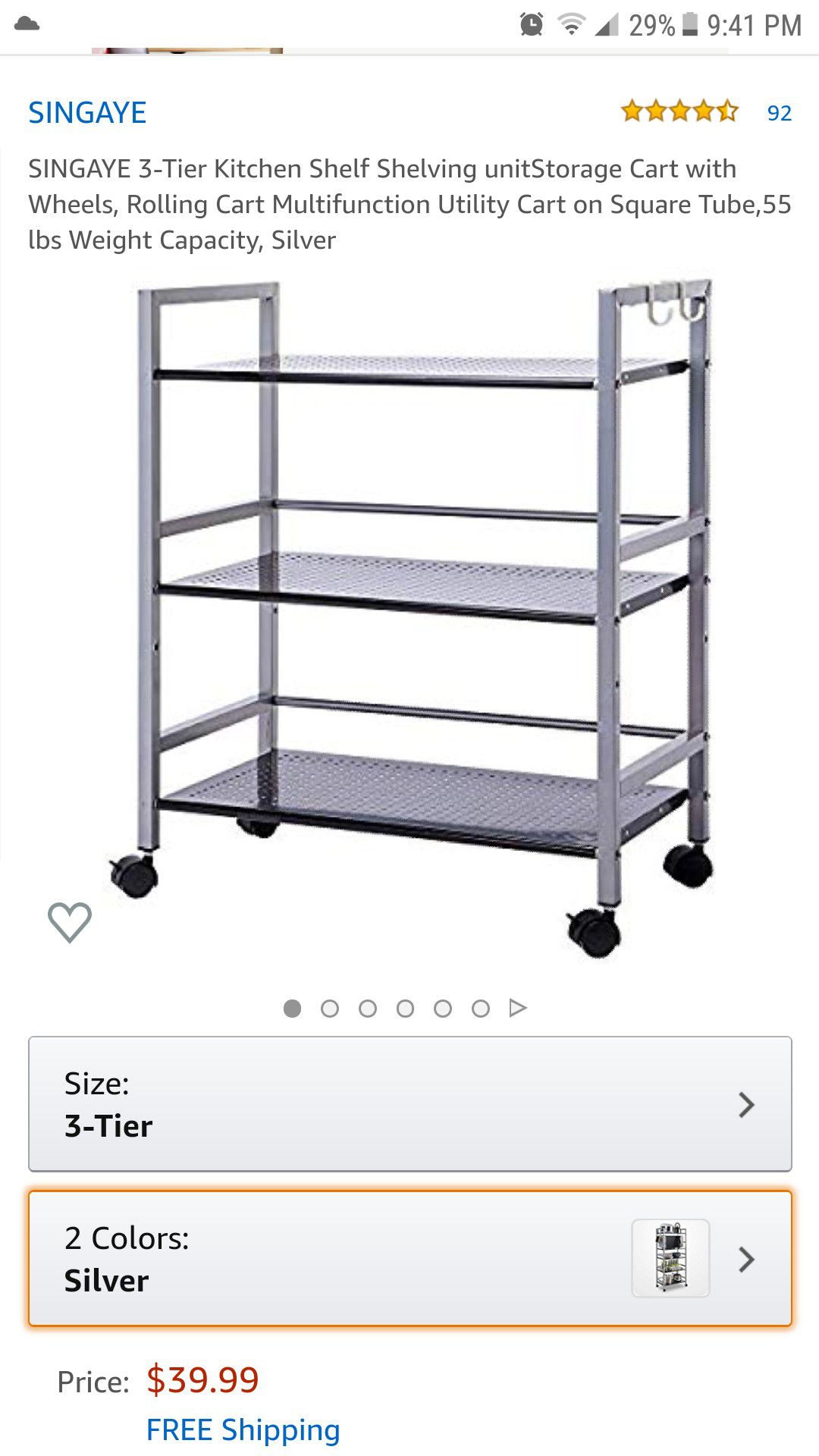 Shelving unit Storage Cart with Wheels