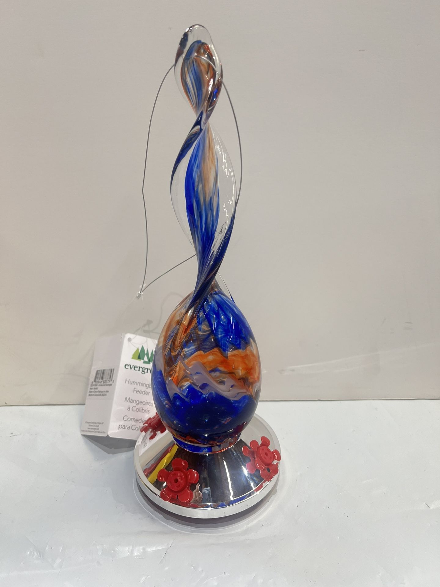 Blue/Orange Evergreen Swirl Design Art Glass Hummingbird Feeder