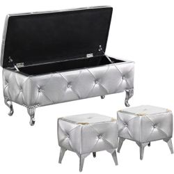🥨3Pcs: 1 Faux Leather Large Storage Ottoman Bench with 2 Small Ottomans Upholstered, Silver