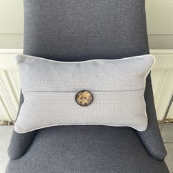 🪑World Market Grey Tweed Desk Chair w/Lumbar Down Pillow & Wooden Walnut Legs  ~ Excellent Condition! 