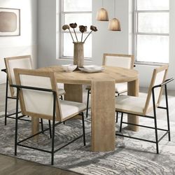 OAK FINISH 5 PIECE ROUND DINING TABLE SET