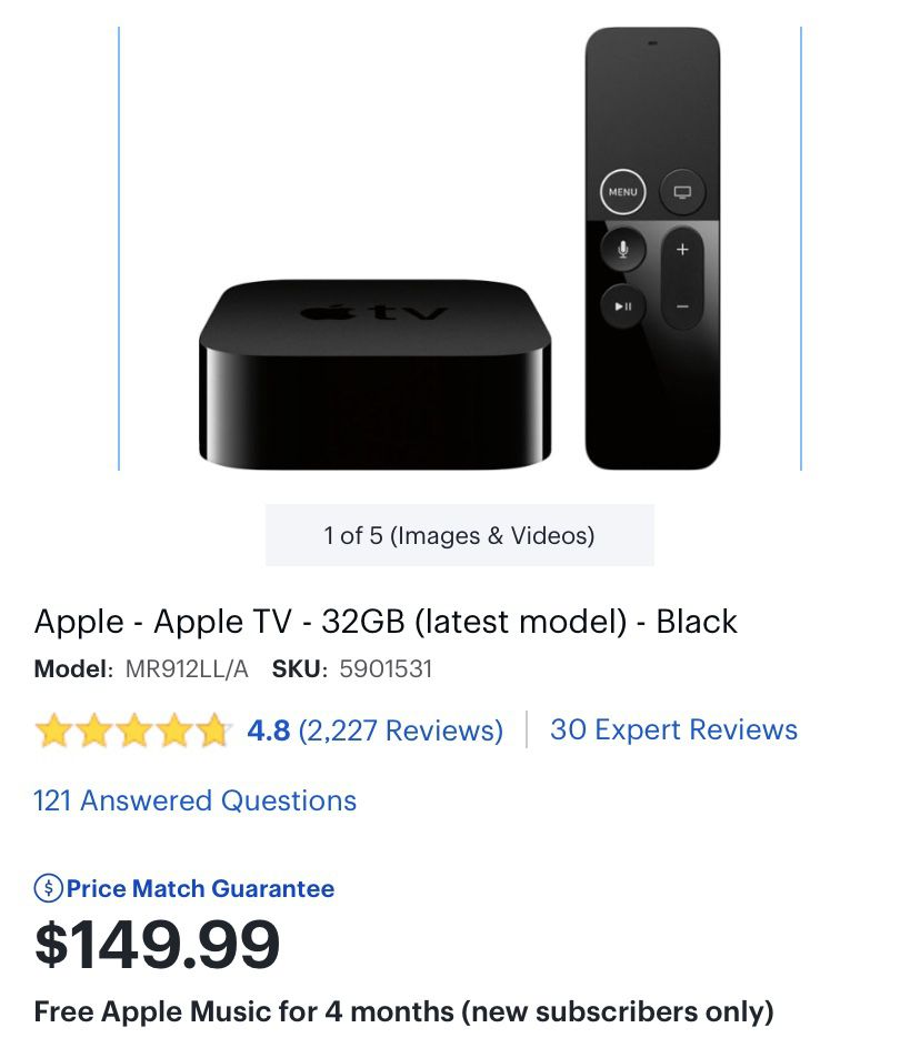 Apple - Apple TV - 32GB (latest model) - Black Model:MR912LL/A SKU:5901531