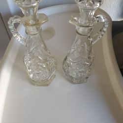 Lot of 2 Vintage Cut Glass Etched Oil Vinegar Cruets 7.5" Decanters