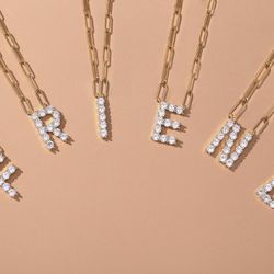 shownii Initial Necklace 14K Gold Plated Large Letter E and T Necklace Cubic Zirconia Paperclip Chain for Womens Girls