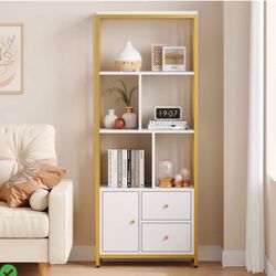 Brand New 62" Gold Bookcase with 3 Drawers and Door