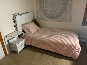White Upholstered Twin Bed Frame with Headboard with night stand