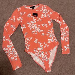 New small peach floral bodysuit top long sleeve boho festival blouse forever 21