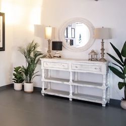 Distressed White Farmhouse Boho Style Handcrafted Console Entry/sofa Table With Drawers