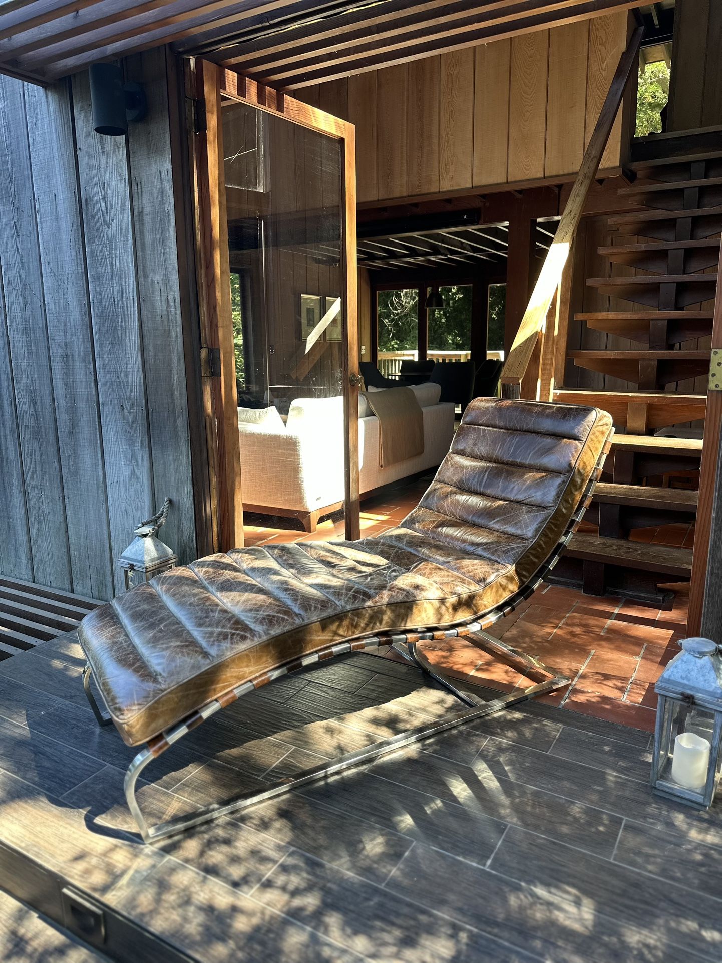 Distressed Leather Chaise — Solid Build, Heavy Metal Frame