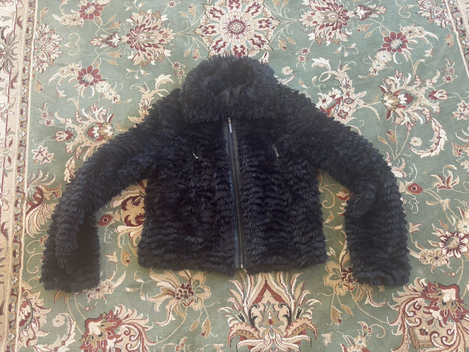 Faux Fur Jacket With Leather Zipper Detail And Pockets