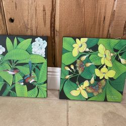 2 Small Square Floral Wildlife Canvases 