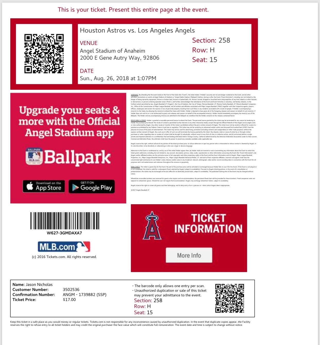 7 ángel tickets for $100 by the bullpen
