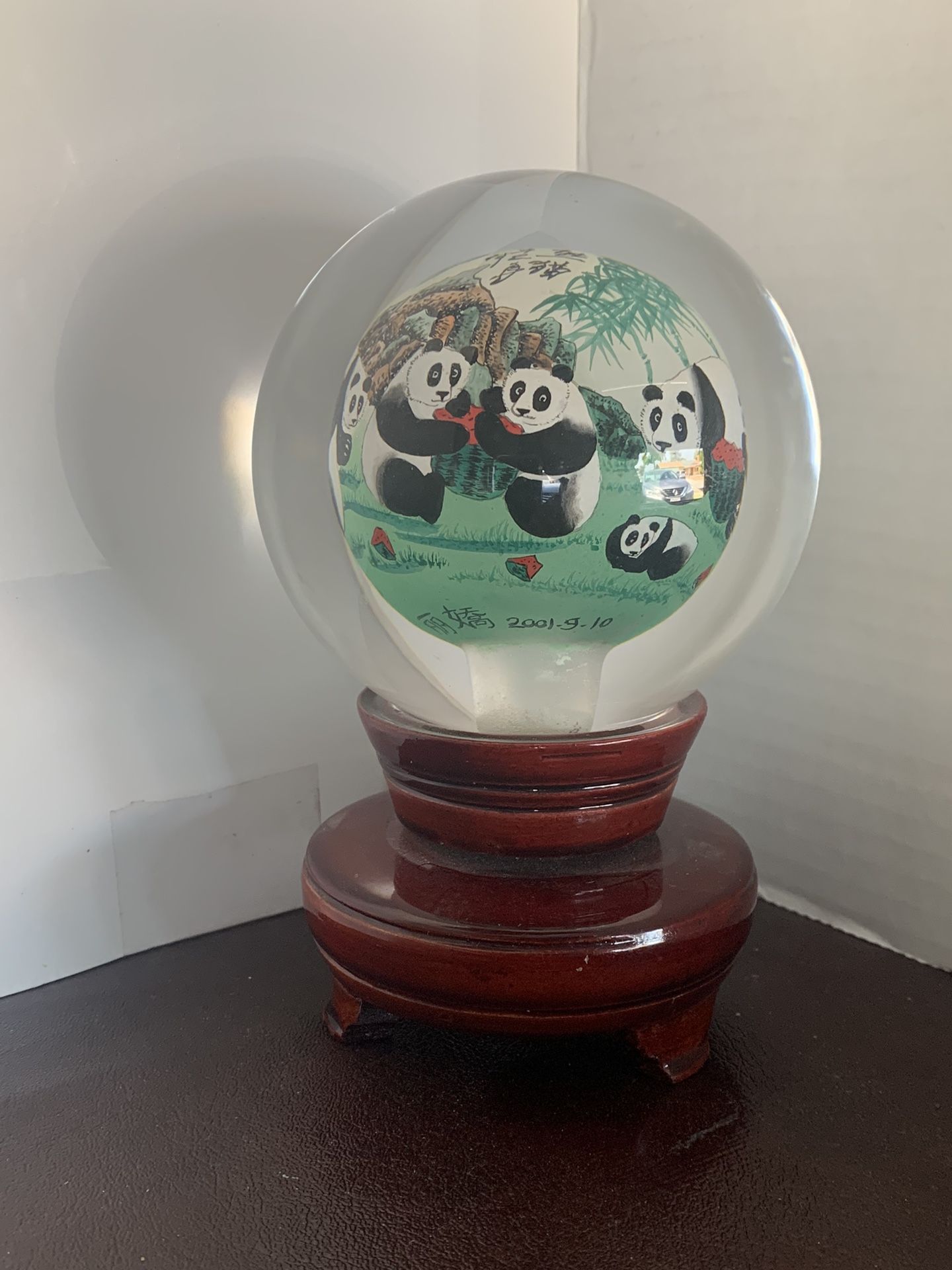 ORIENTAL Crystal Glass Reverse Hand Painted  PANDA BEAR GLOBE W/TEAK STAND