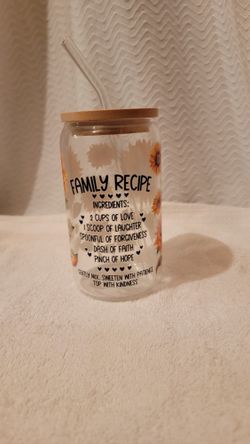 Family Recipe Sunflower Custom Design Glass Cup With Bamboo Lid And Glass Straw