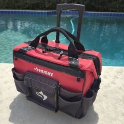 Rolling Tool Bag Husky GP-43196N13 18" 600-Denier Water Resistant Contractors Pocket Rolling Tool Tote Bag Toolbox Telescoping Handle