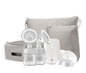 Philips AVENT Double Electric Breast Pump Advanced, with Natural Motion Technology, with Clear Natural Response Baby Bottles, White Pump, Gray Bag