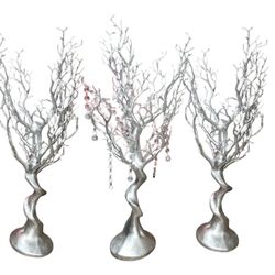 Vintage 28" Silver Metallic Manzanita Tree Centerpieces - Trio with Crystals