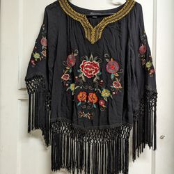 Embroidered Women's Shirt With Fringe Size Small