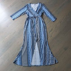 Women's V-Neck Patterned 3/4 Sleeve Maxi Dress, Large