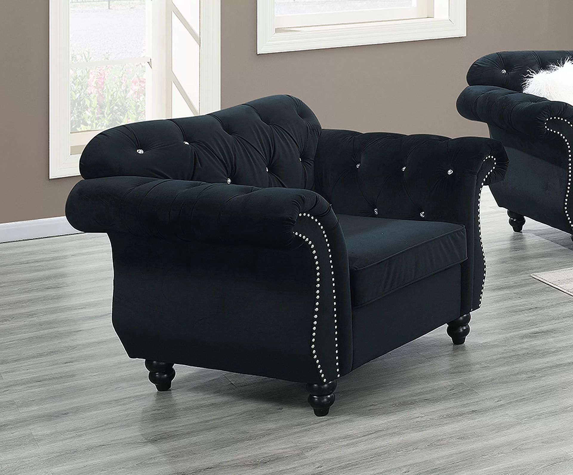 Brand new Glam Black Velvet Crystal Tufted Extra Large Chair Also Available In Brown Or navy