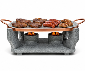 Handcrafted Brazilian Soapstone 16x9" Tabletop Griddle 2-Burner Rechaud Set -NEW