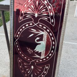 Rare Antique Ruby Red Etched Italian Glass Mirror Frame 