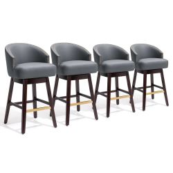 Set of 4 Bar Stools PU Leather / Linen Fabric Upholstered Solid Wood Swivel Barstool - Navy Blue - 31.9" H