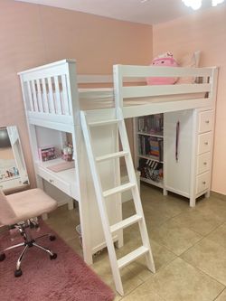 Kids Loft Bed w/ Desk, Shelf and 4 Drawers- White - Twin size