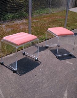 Vintage Lucite & Blush Velvet Stools — Italy, 1970s (a Pair)