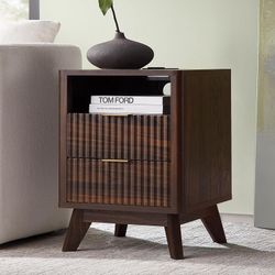 Set of 2 Fluted Nightstand with Charging Station, 18" Modern Side Table, 2 Drawers End Table with Storage, Bedside Table
