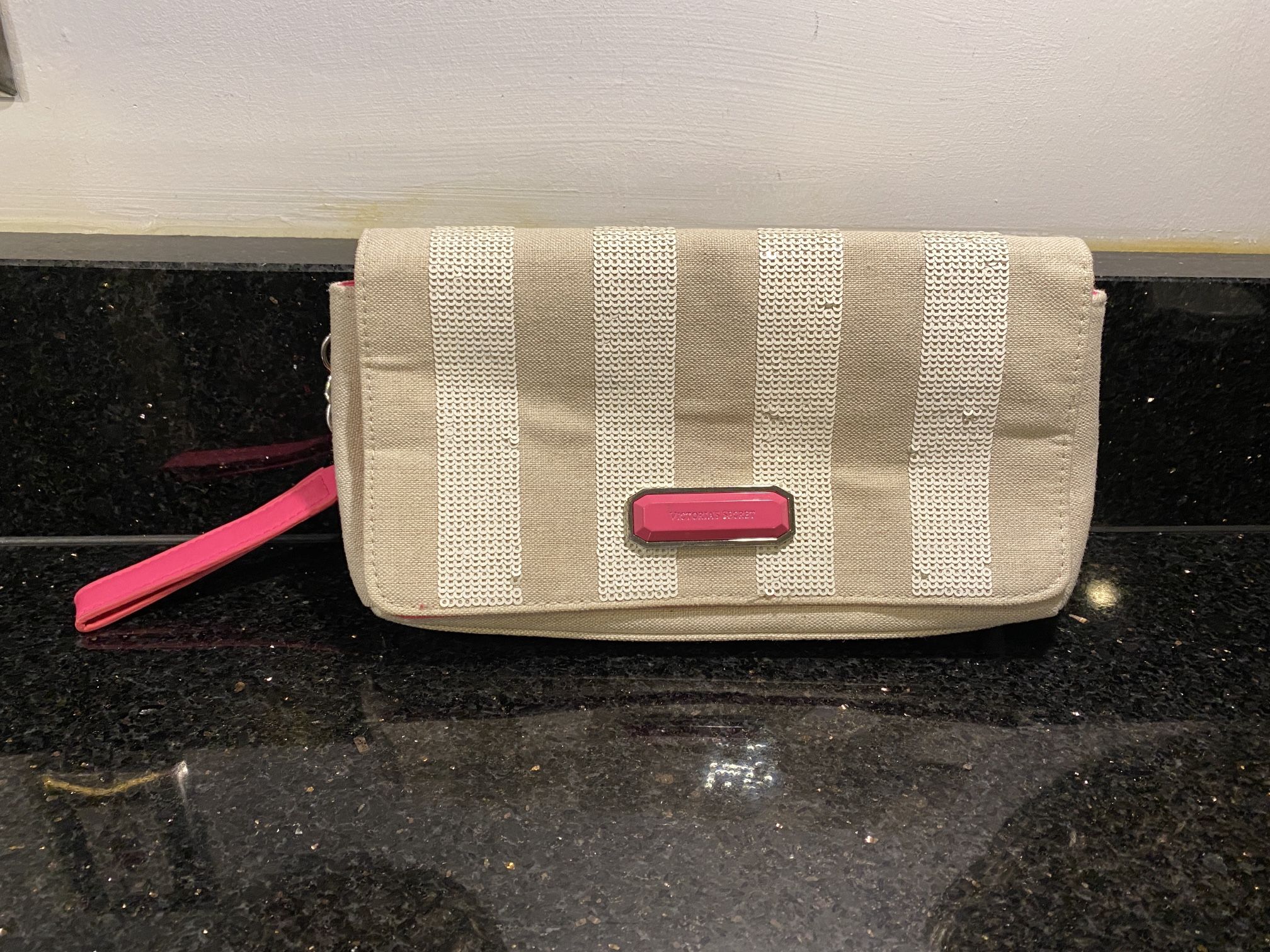 Victoria’s Secret Striped Clutch Wristlet Hot Pink Lining