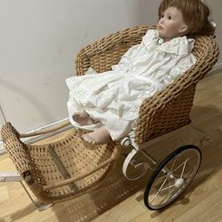 Vintage Porcelain Baby Doll In White Wicker And Metal 