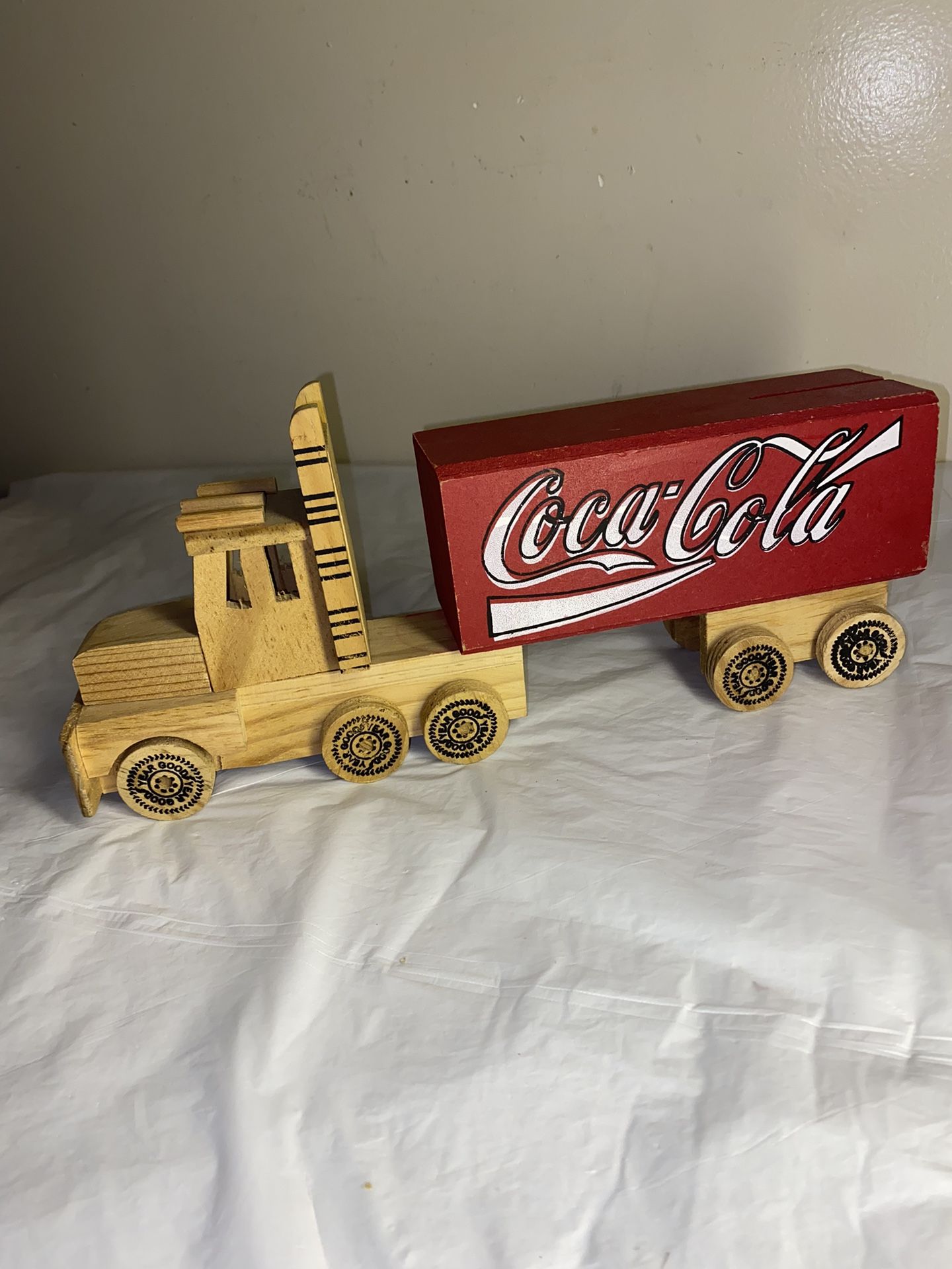 Coca-Cola Wood Truck Bank Semi Truck Folk Art Goodyear tires handmade