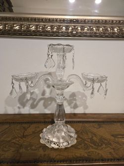Vintage 3-Arm Crystal Candelabra / Epergne with Hanging Prisms