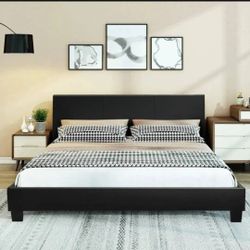 🌈🖤P45#11 $180 Full Upholstered Platform Bed Frame with Headboard black  Wood Slat 