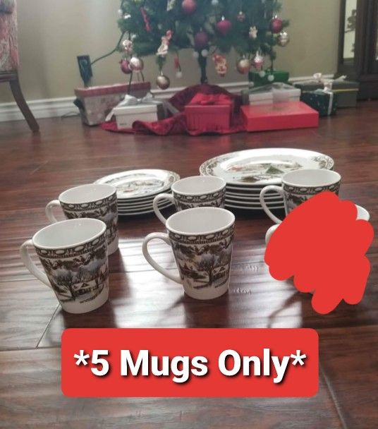 Gibson Winter Scene Dinnerware Set- 12 Plates & 5 Mugs-17 pcs total