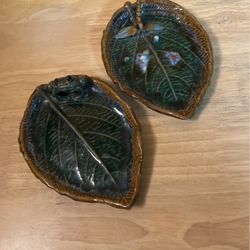 Vintage Hand Made Leaf And Frog/Dragonfly Catch All Trays Set Of 2