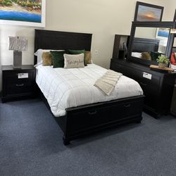 Queen Espresso Bedroom Set ( Bed Frame, Dresser, Mirror And One Nightstand)