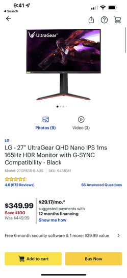 LG 27'' UltraGear QHD Nano IPS 1ms 165Hz HDR Monitor with G-SYNC
