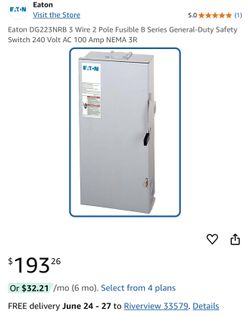 Eaton DG223NRB 3 Wire 2 Pole Fusible B Series General-Duty Safety Switch 240 Volt AC 100 Amp NEMA 3R