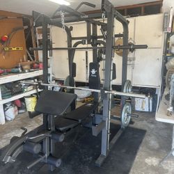 Vesta Fitness Smith Machine 2001 w/Bench Attachment | 230lb Bumpers Weights | 7ft Olympic Bar | Fitness | Gym Equipment | FREE DELIVERY 🚚 