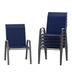 Patio Chairs Set of 6, Outdoor Stackable Dining Chairs for All Weather, Navy Blue, Breathable Garden Outdoor Furniture for Backyard Deck  