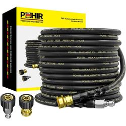 POHIR Pressure Washer Hose 50 ft with 3/8 Inch Quick Connect, Kink Resistant High Tensile Wire Braided,with 2 pcs M22 14mm Adapter Set, 4200 PSI Power